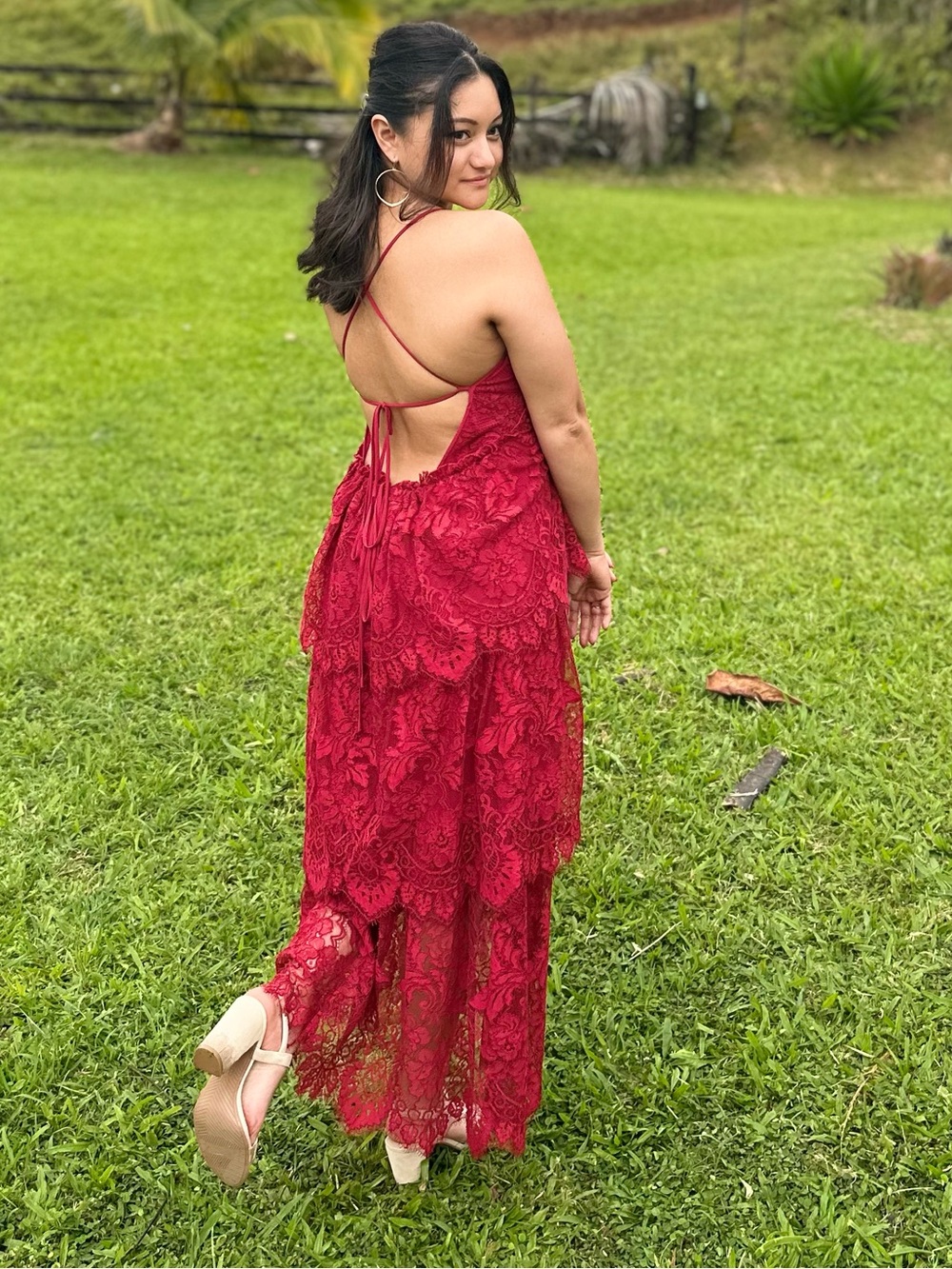 Tiered Lace Midi Slip Dress Medium Tibetan Red Sexy Date Night Holiday Party